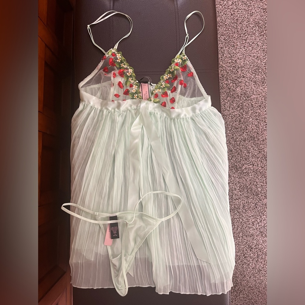 Sheer Pleated Mint Lace Chemise with strawberry Embroidery